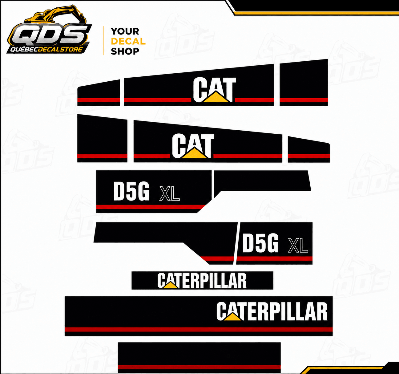 KIT COMPLET DE DÉCALCOMANIES POUR UN BULLDOZER CATERPILLAR D5G XL / ANNÉE 2000 ET PLUSQuébecDecalstore