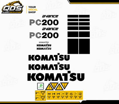 KIT COMPLET DE DÉCALCOMANIES POUR KOMATSU PC200 2002 - 2010 BLACK EDITION